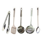 Set 5 Utensillos Para Cocina Acero Pinza Cucharon Espumadera