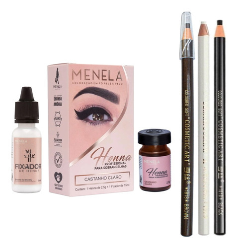 Kit Henna Menela Sobrancelha Com 3 Lápis Dermatografico Cor Castanho Claro