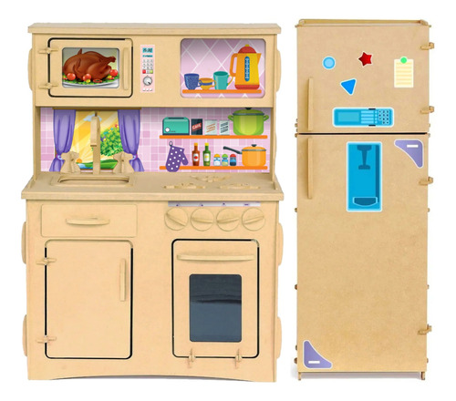 Heladera Infantil + Cocina Y Sticker + Accesorios Fibrofacil