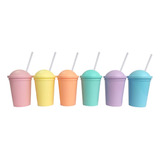 Vasos Con Tapa Y Sorbete Milkshake Colores Pasteles X 25 U.