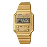 Relógio Digital Masculino Unissex Casio Vintage A-100weg, Cor De Malha, Cor Dourada, Moldura Dourada, Cor De Fundo Dourada
