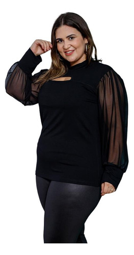 Blusa Feminina Manga Longa Plus Size Em Tule E Viscolycra