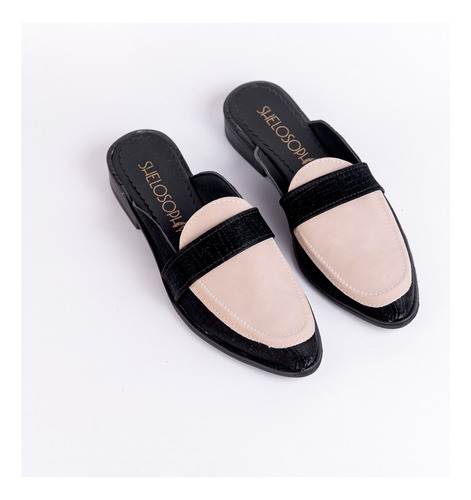 Zueco Slipper Mujer Negro Y Natural