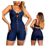 Macaquinho Meia Coxa Jeans Lycra Feminino Verão Com Decote