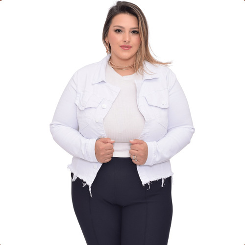  Jaqueta Jeans Feminina Plus Size Curta Com Lycra Desfiada