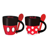 Dúo Tazas Mickey Y Minnie Mouse Con Cuchara Disney Color Rojo