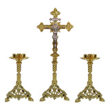 Conjunto De Castiçais E Cruz - Base Pé Leão - Bronze/igreja 
