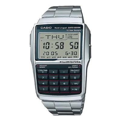 Reloj pulsera digital Casio DBC-32 con correa de acero inoxidable color plateado - fondo azul - bisel plata | Envío gratis