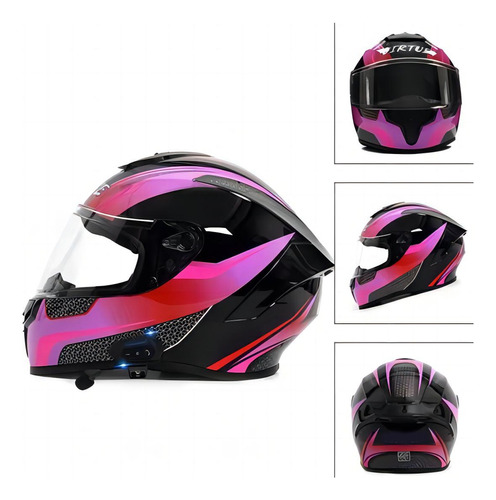 Casco De Moto Abatible Negro Rosa Con Bluetooth