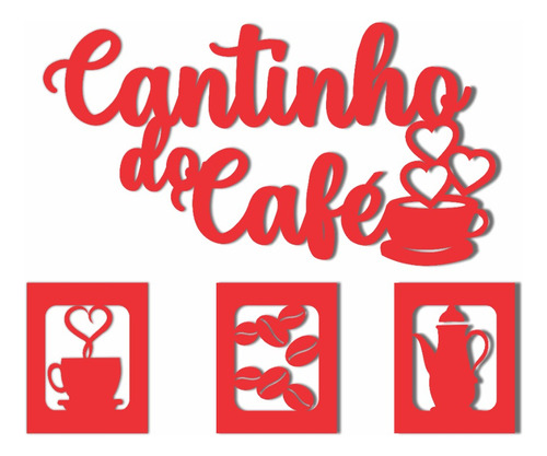 Kit Cantinho Do Café Vermelho Mdf Alto Relevo 4 Peças 30cm