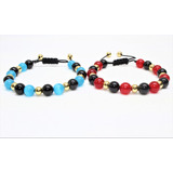 Duo De Pulsera Piedra Ojo De Gato Azul Calcedonia Roja B195