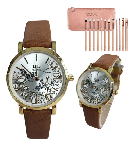 Reloj Qyq Cuero Casual Mujer + Juego De Brochas Oro Rosa