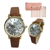 Reloj Qyq Cuero Casual Mujer + Juego De Brochas Oro Rosa