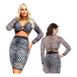 Conjunto Animal Print Tule Tendência Feminino Lançamento