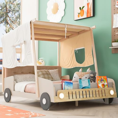 Cama Coche Para Niños Con Respaldo Y Tela De Te