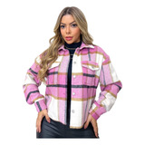 Jaqueta Casaco Xadrez Flanelado Feminino Inverno Cropped Top