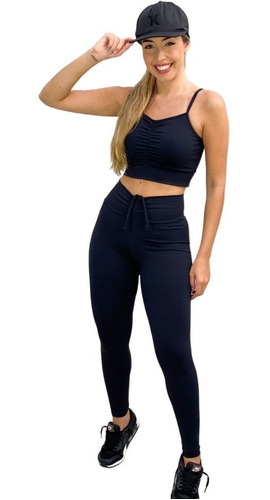 Conjunto Fitness Academia Preto Poliamida Cintura Alta 