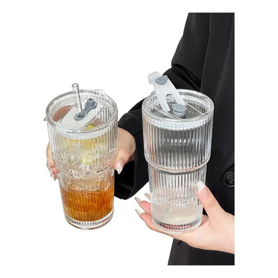 Juego De 2 Tazas De Cristal Transparente Con Tapa Y Pajita