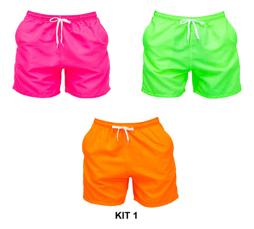 Kit 3 Short Calção Masculino Tactel Grosso Curto Liso Praia