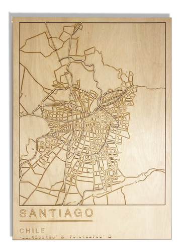 Cuadro De Madera Tridimensional Mapa Santiago. Mibu Crafts