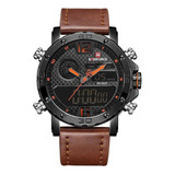 Reloj Pulsera Naviforce Nf9134 De Cuerpo Color Negro, Analógico-digital, Para Hombre, Fondo Negro, Con Correa De Cuero Color Marrón, Agujas Color Gris Y Naranja, Dial Negro Y Naranja, Minutero/segunde