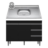 Balcão Gabinete Com Pia Inox 120cm 2 Portas 3 Gavetas Andréi Cor Preto