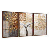 Quadro Decorativo Arvore Folhas Douradas Moldura 60x80 Vidro