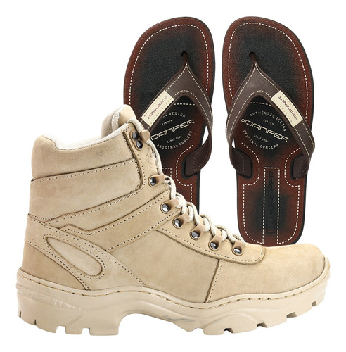 Kit Bota Coturno Masculino Adventure Tático Couro + Chinelo