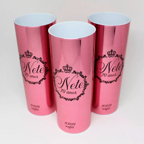 25 Copos Long Drink Metalizados Rosa Aniversário Coroa
