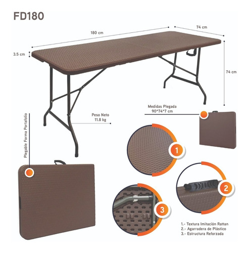 Mesa Plegable De Plástico Portafolio 1.80 M Imitación Rattan