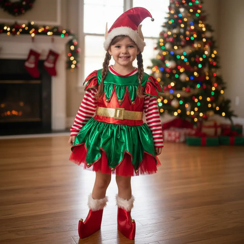 Disfraz Duende Navidad Niñas Infantil Cascabel Elfa Elfo Duendecilla Ayudante Santa Claus Pastorela | Meses sin interés