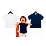 2 Camisetas Manga Curta Infantil Branco E Marinho Unissex