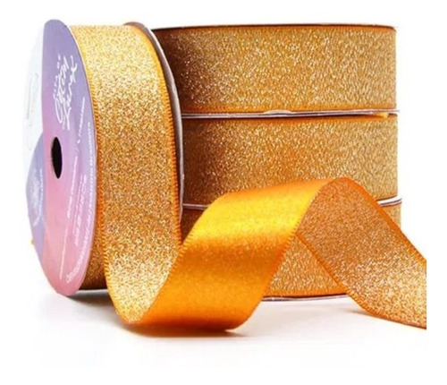 Rolo Fita De Cetim Lurex Brilho 22mm 10 Metros P/ Laços Arte Cor Amarelo-ouro