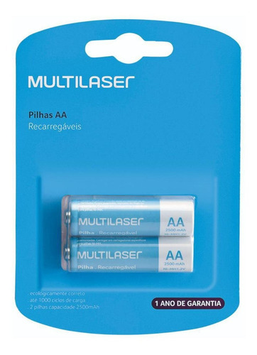 Cartela 2 Pilhas Para Recarga Aa 2500mah Cb053 Multilaser