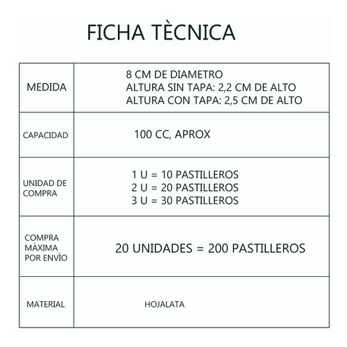 Latas Pastilleros X 10 Unidades 8 Cm Diam