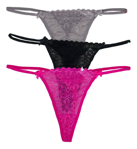 Tanga Hilo Dental Encaje Colores Sexy Para Mujer 3 Pzas