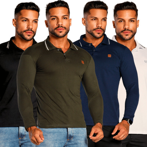 Camiseta Polo Kit 4 Camisa Gola Polo Manga Comprida Homem