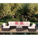 Set Seccional 7 Pzs Sala Jardin Rattan Color Marron Patio