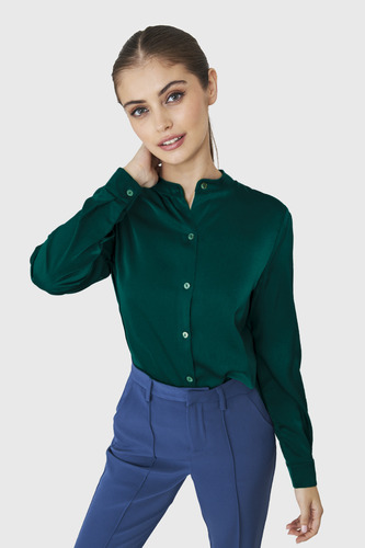 Blusa Cuello Mao Tipo Satín Verde Oscuro Nicopoly