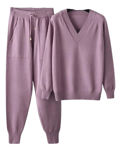 Pullover & Matching Pants Set, Women V-neck Sweater