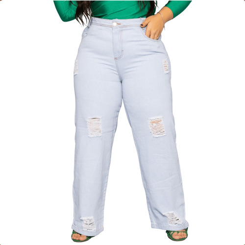 Calça Plus Size Jeans Feminina Wide Leg Levanta Bumbum 