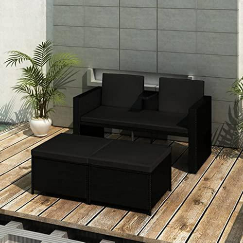 Conjunto Muebles Jardín Rattan Negro Cojines