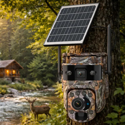 Cámara Vigilancia Solar 4g Doble Lente Con 20x Zoom Óptico 3mp Camuflaje Monitoreo Remoto En Vivo Conexión 4g 5g Sin Wifi Ni Electricidad Visión Nocturna Detecta Movimiento Graba Video Ptz Alarma Hd | Meses sin interés