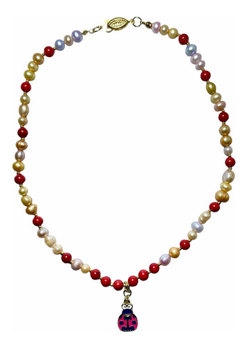 Collar De Perlas Cultivadas 6-7mm Con Piedra Coral Rojo 6mm