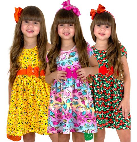 Kit 3 Vestidos Infantil Menina Cotton Roupa Feminina Atacado