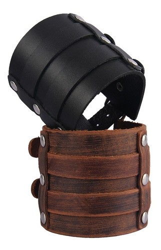 Muñequera Brazalete Pulsera Hombre Rock Doble Cuero Genuino