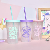 Vaso Plastico Con Tapa + Sorbete Glitter Brillo Fiesta Moda