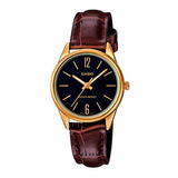 Reloj Casio Análogo Cuero Ltp-v005gl-1budf Dama Original Correa Café Fondo Negro