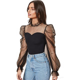 Blusa Top Elegante Transparencia Cuello Alto Manga Larga