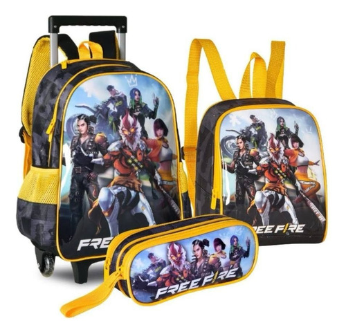 Kit Escolar Free Fire Mochila De Rodinhas Estojo Lancheira